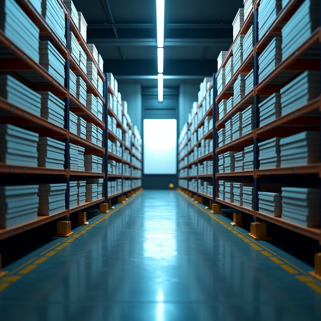 A realistic wide shot of a high-tech warehouse with automated machines scanning thousands of books, paper textures and laser lights, industrial and high-tech setting, 4:3