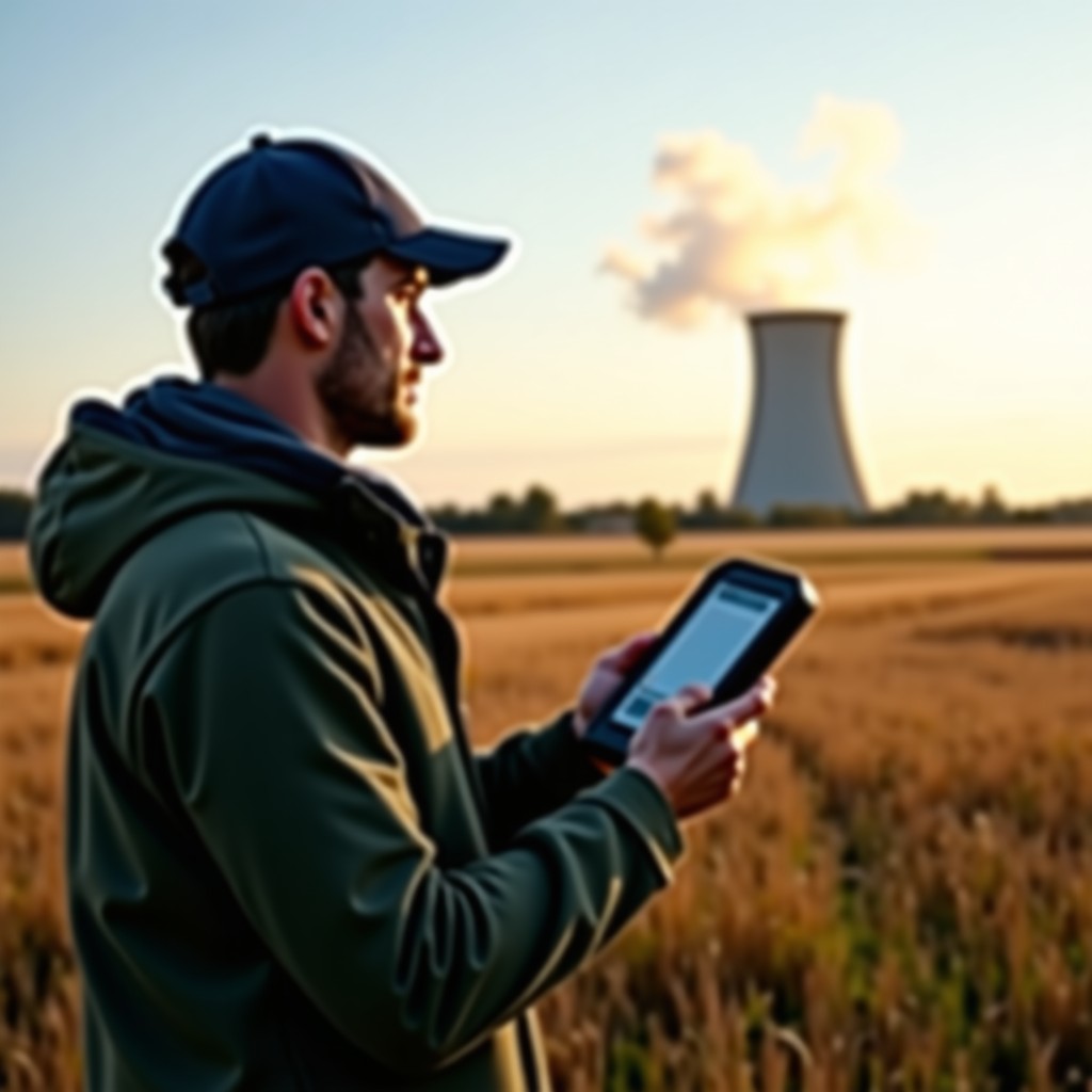 A realistic shot of an environmental scientist in a field holding a digital air quality monitoring device with a coal power plant visible in the blurred distance, natural lighting, focused expression, 4:3