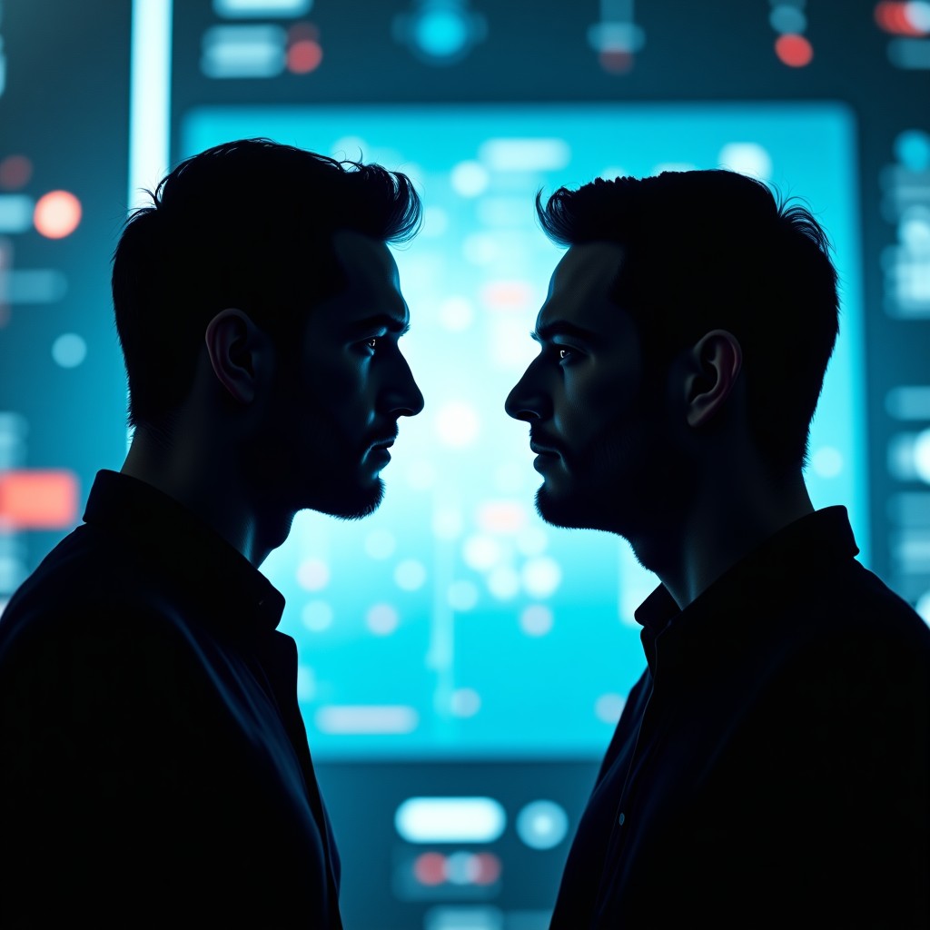 Dramatic portrait of two powerful tech leaders facing each other, digital glitch effect on background, high contrast lighting, professional cinematic style, 4:3