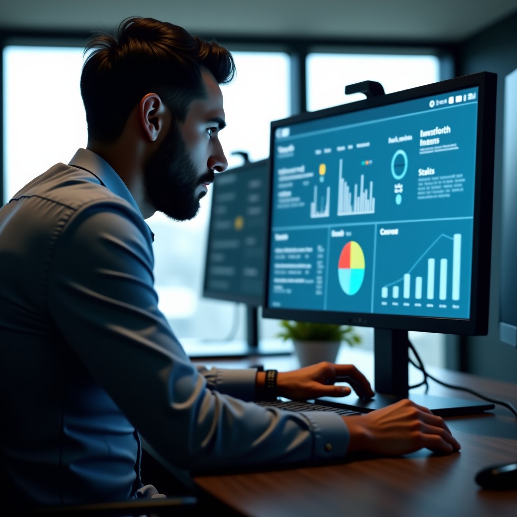 A professional IT engineer in a modern office looking at a clean and intuitive software dashboard displaying network health and AI agent status. Soft natural lighting, realistic corporate setting, focused expression, 4:3
