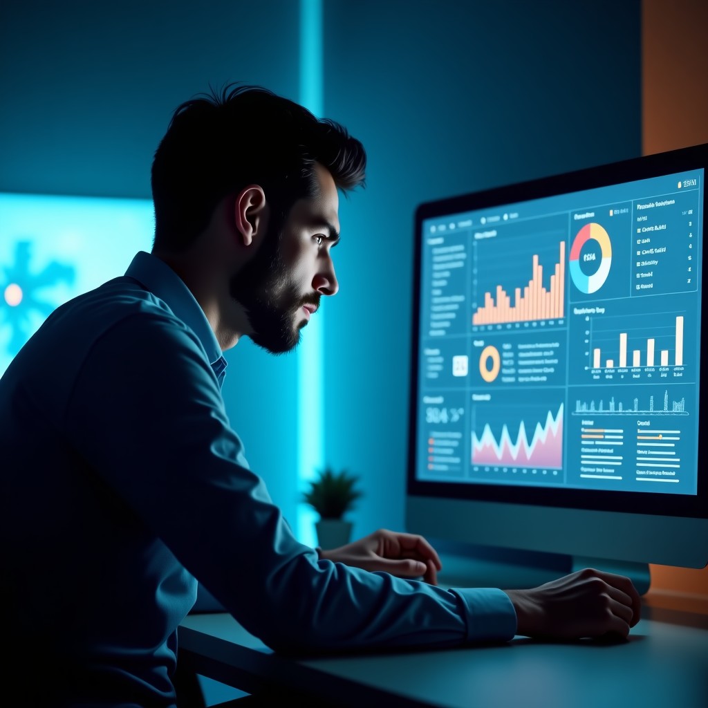 A professional software engineer looking at a modern dashboard with complex data visualizations. A subtle holographic overlay suggests AI assistance in troubleshooting. Cinematic lighting, clean workspace. No text. 4:3