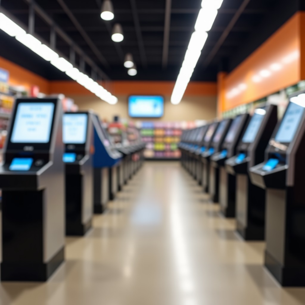 A modern supermarket interior with several automated self-checkout machines, soft indoor lighting, wide angle, high quality photography, 4:3