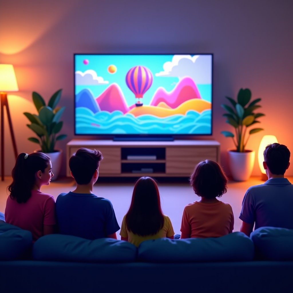 A group of diverse people sitting in a modern living room watching a large TV screen showing a creative and colorful commercial. The atmosphere is excited and engaged. 1:1