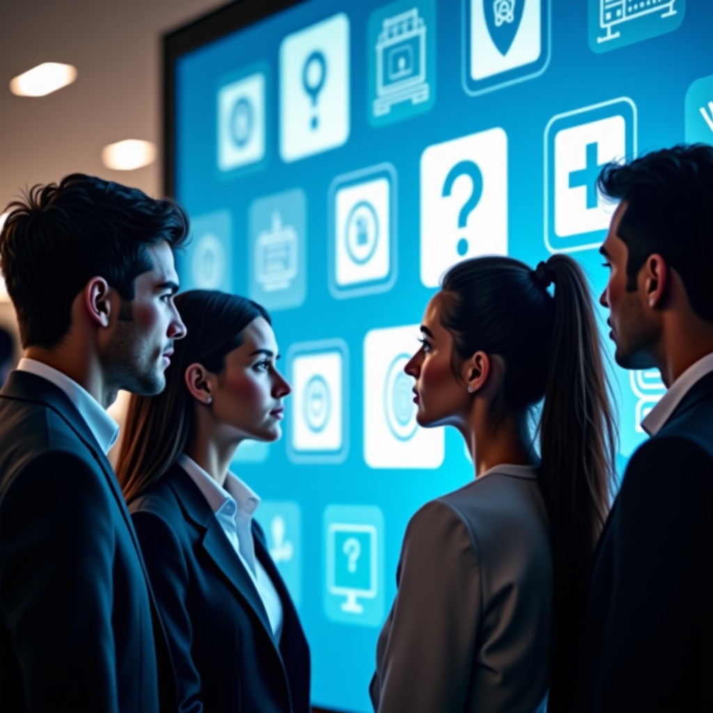 A group of diverse people looking at a large transparent digital screen displaying privacy and data protection icons, focused and determined expressions, modern urban setting, 4:3