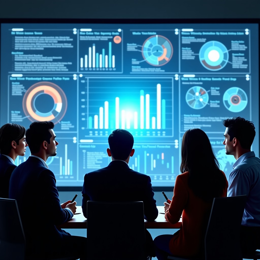 A cinematic shot of a diverse group of professionals in a sleek meeting room, looking at a transparent digital screen showing complex workflow data and glowing charts, natural soft lighting. 4:3