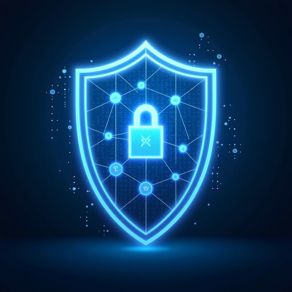 A glowing translucent shield protecting a complex network of interconnected nodes and data points, representing AI security and intellectual property protection, clean and professional design, 4:3