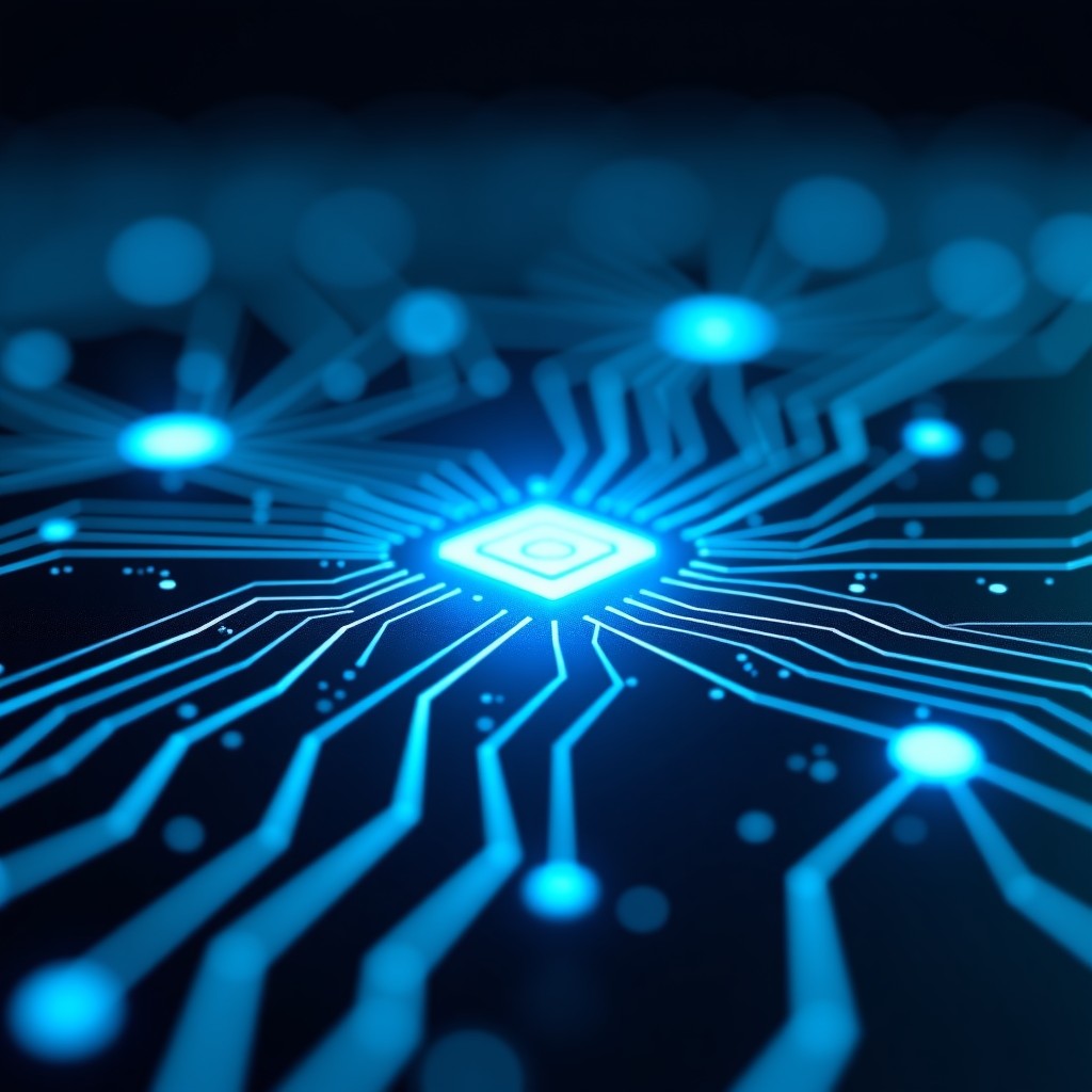 Abstract representation of digital data security and artificial intelligence connection, glowing blue light paths representing data flow, metallic textures, futuristic and secure atmosphere, high contrast composition. 4:3