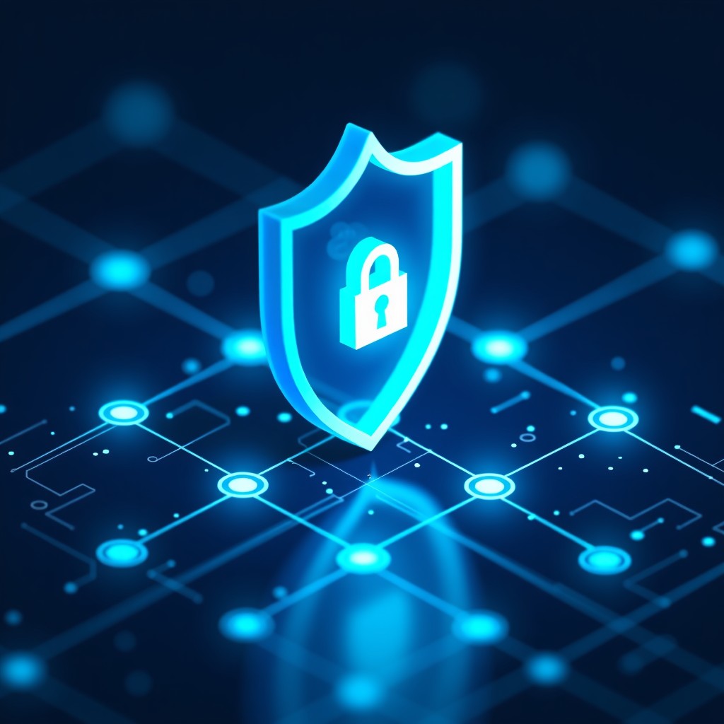 A conceptual illustration of data privacy and security, featuring a glowing shield and digital lock patterns over a grid of interconnected nodes. Deep blue and cyan color palette. 4:3
