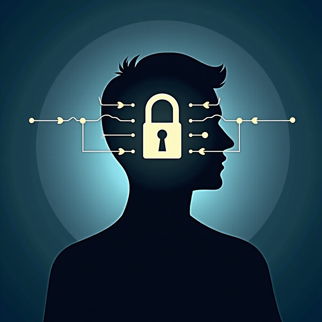 A digital lock icon overlaid on a stylized human silhouette with sound wave patterns around the head. Professional and secure atmosphere with textured background. No text. 4:3