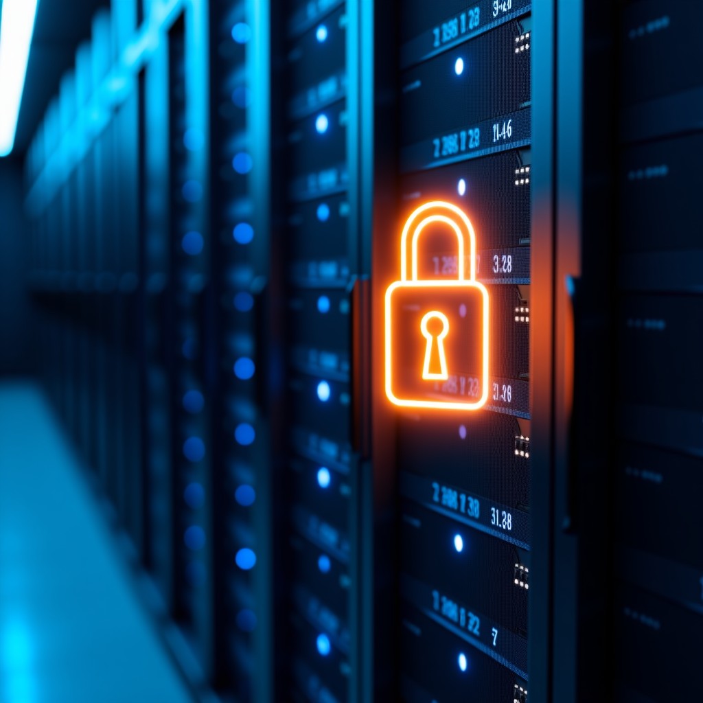 A symbolic representation of data privacy and security. A glowing digital padlock icon placed over a server rack in a dark blue data center. Soft glowing lines connecting nodes. 1:1