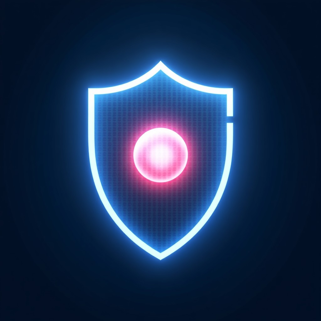 A conceptual digital shield icon made of light circuits protecting a glowing orb of data, dark blue background, cinematic lighting, 4:3