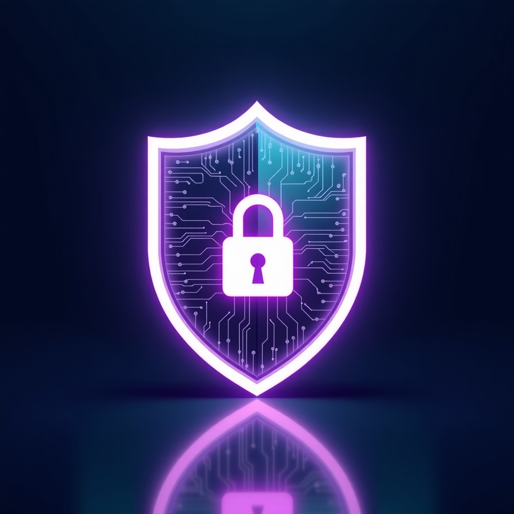 A symbolic image of a glowing digital shield protecting a database of sensitive information. Circuit patterns and padlock icons integrated into the shield. High contrast, clean tech aesthetic, purple and teal lighting. 4:3