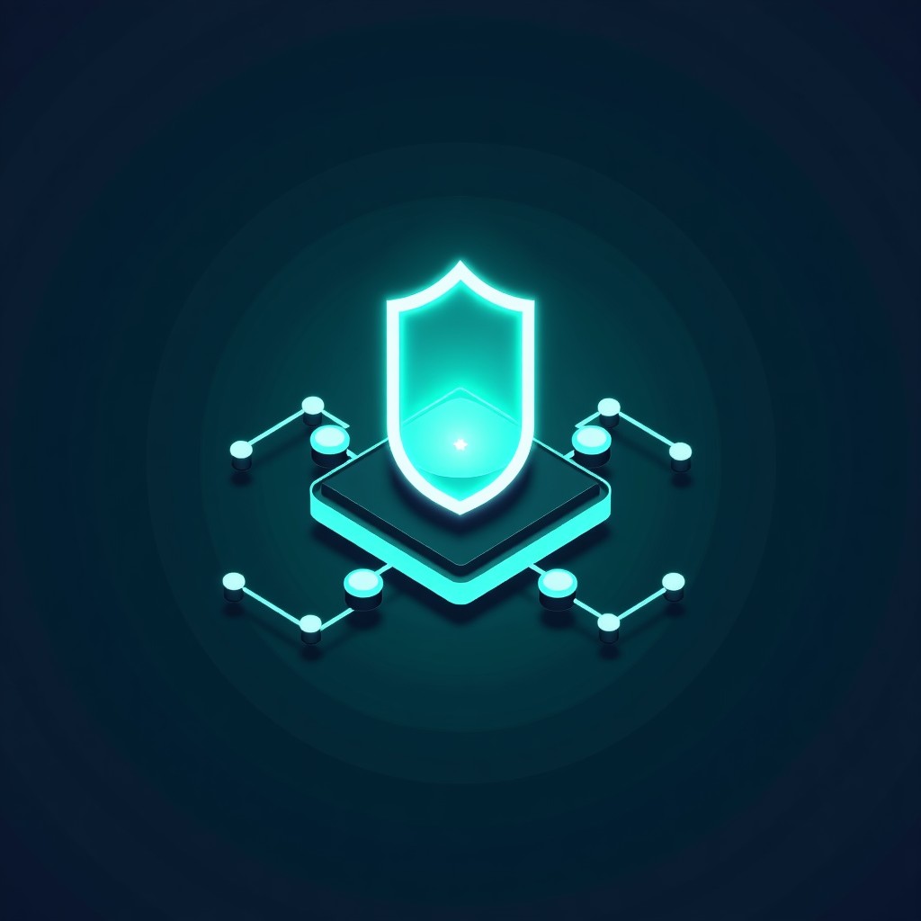 A stylized digital shield protecting a central processor unit, interconnected nodes forming a glowing web, dark navy and teal background, 4:3