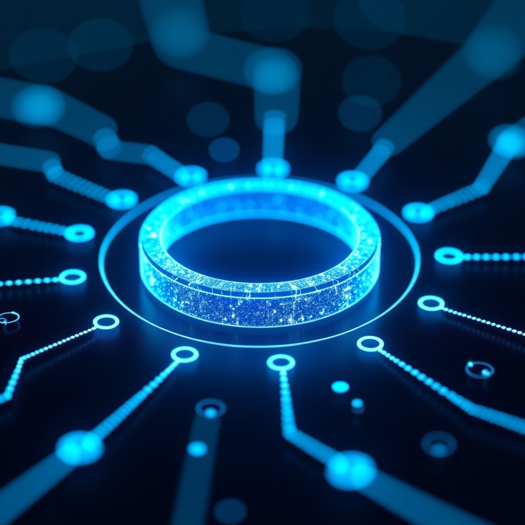 A digital art representing secure data encryption with a smart ring at the center. Glowing blue lines and hex patterns suggesting a blockchain network. High contrast and modern tech vibe. 1:1