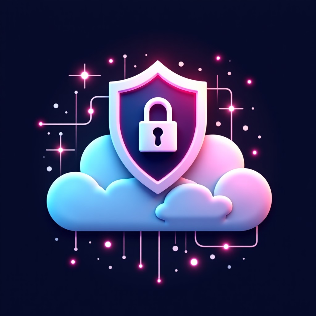 A stylized representation of data security, showing a digital shield and lock on a cloud, dark background with neon accents, futuristic and safe feeling. 4:3