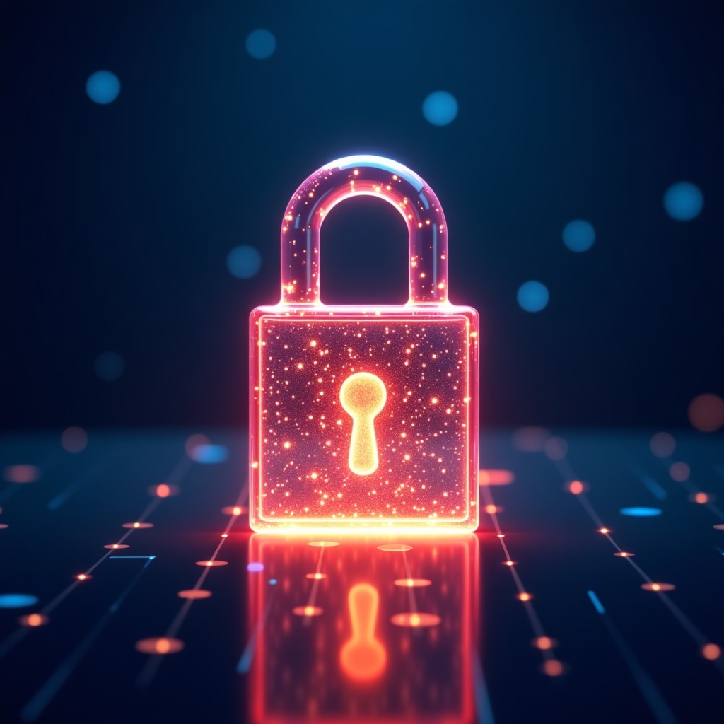 A glowing digital lock and a transparent data flow structure representing security and clarity in artificial intelligence. High contrast, vibrant colors, 1:1