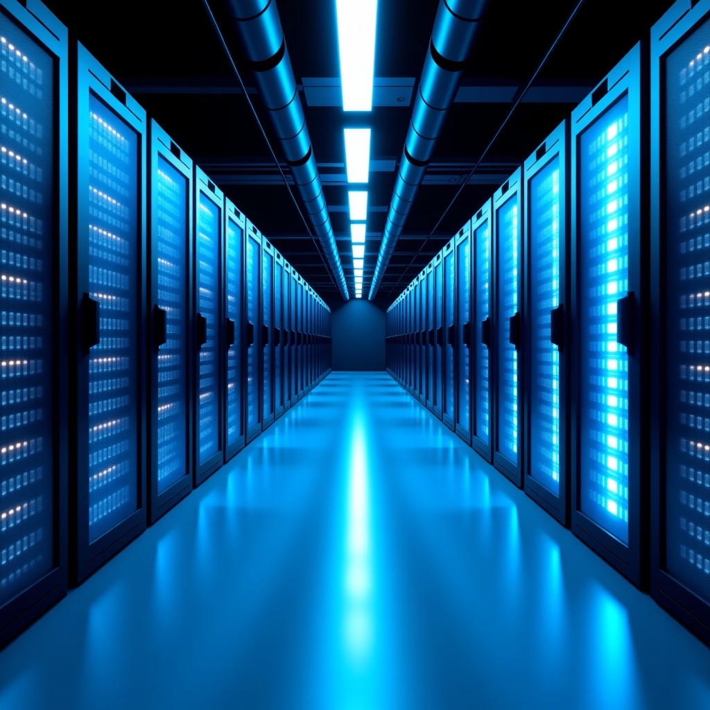 A wide angle shot of a futuristic data center in Europe with sleek server racks and glowing blue lights, representing secure and independent cloud infrastructure. Professional photography style with balanced lighting, 4:3.