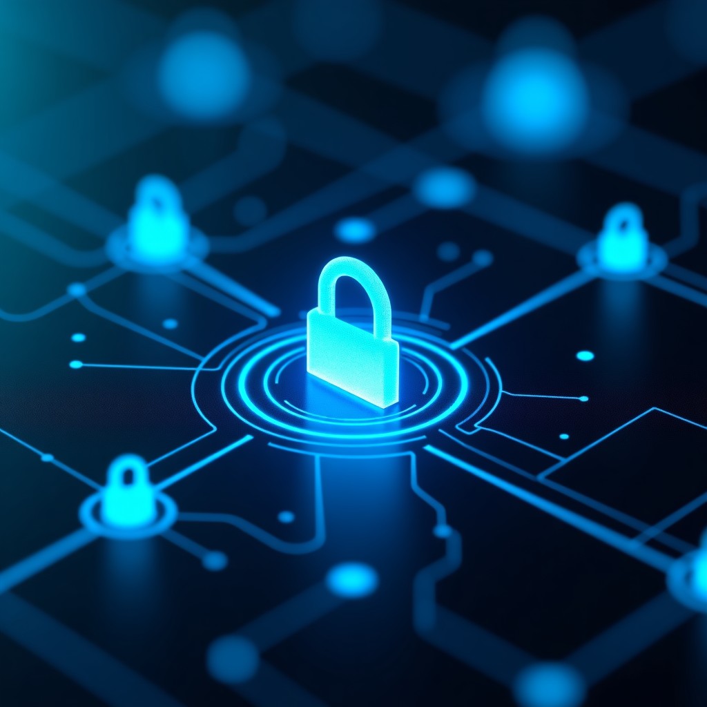 Abstract digital visualization of data protection, glowing blue locks and circuit patterns on a dark textured background, cinematic lighting, artistic rendering, 1:1