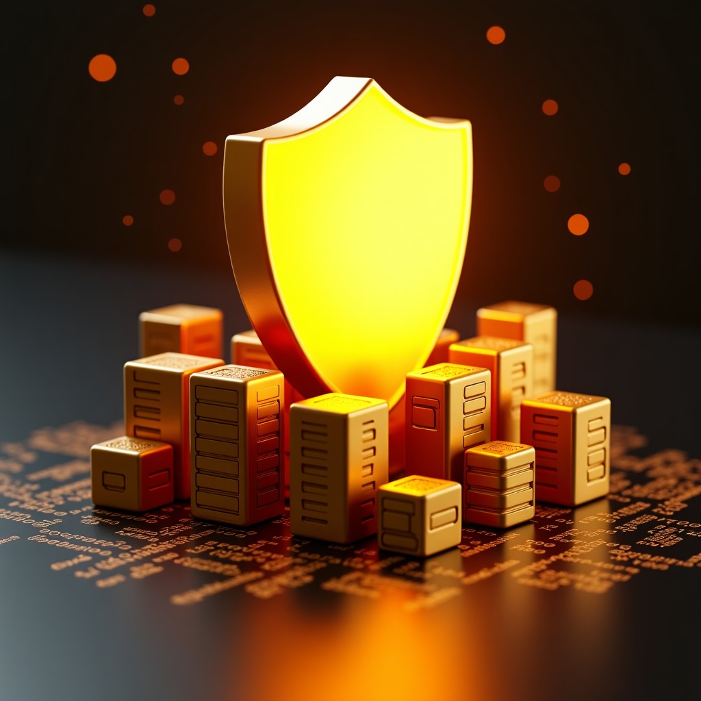 A golden digital shield protecting a cluster of server icons, glowing binary code background, high contrast, clean 3D render, 1:1