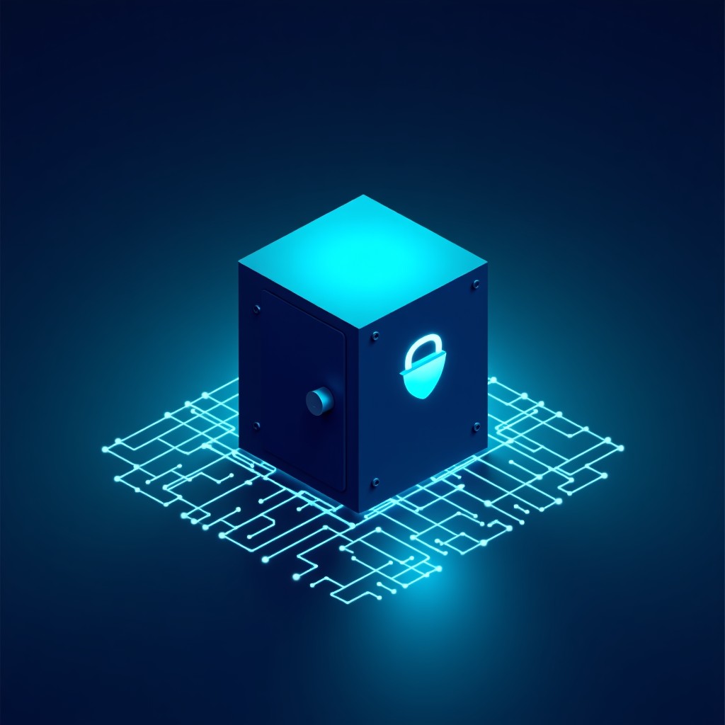 A minimalist high-contrast graphic of a data vault surrounded by glowing network lines, deep blue and electric cyan tones, professional and secure feeling, 4:3