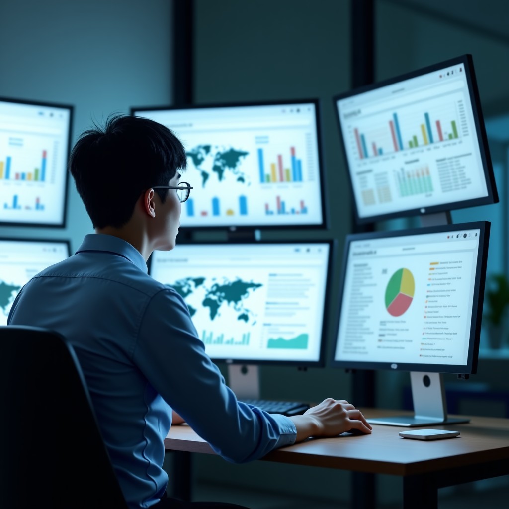 A professional researcher in a modern office looking at multiple transparent screens showing data visualizations and search results, soft natural lighting, realistic Korean appearance. 4:3