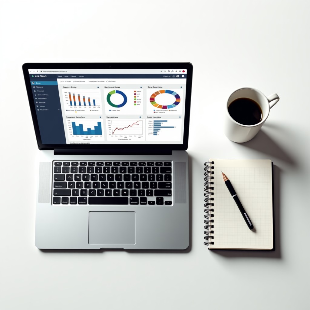 A top-down view of a clean workspace with a laptop, a notebook with some sketches of charts, and a cup of coffee. The focus is on the laptop screen showing a comparison of different software tools. 1:1