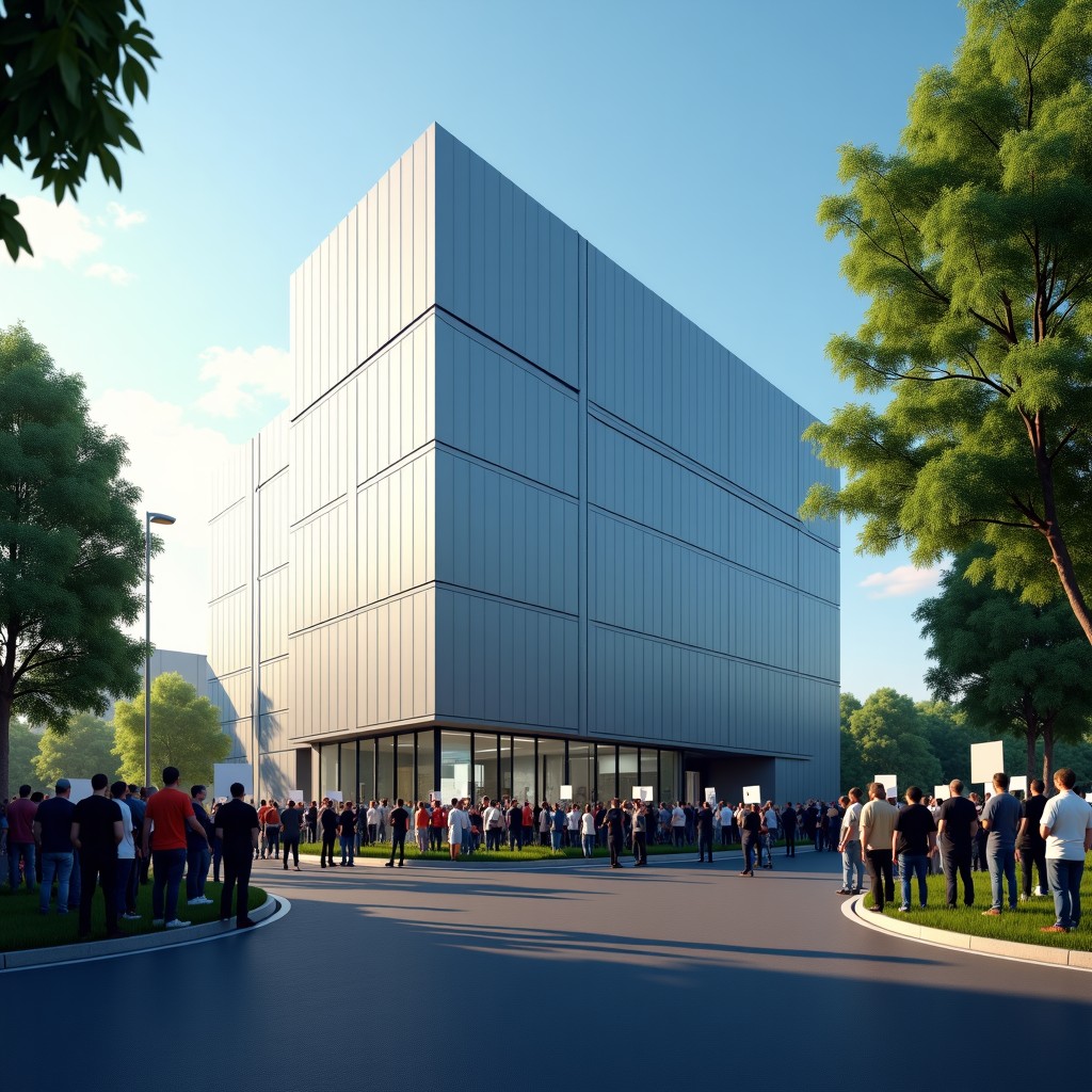 A cinematic shot of a modern data center building in a suburban area with local citizens gathered nearby holding protest signs about energy and environment. 4:3