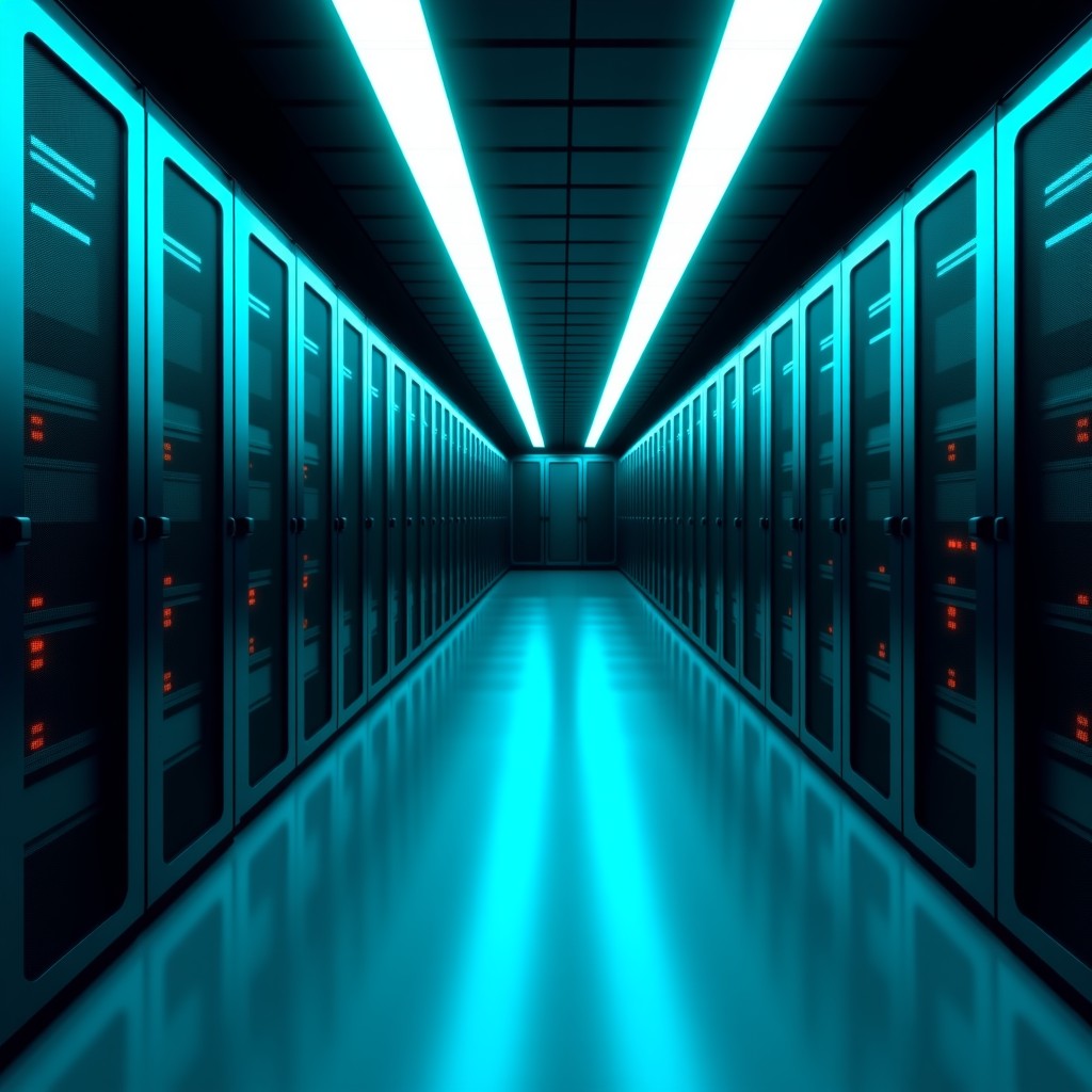 A high-end data center with rows of sleek server racks, cool blue and green ambient lighting, representing energy efficiency and high-speed processing, cinematic lighting, 4:3