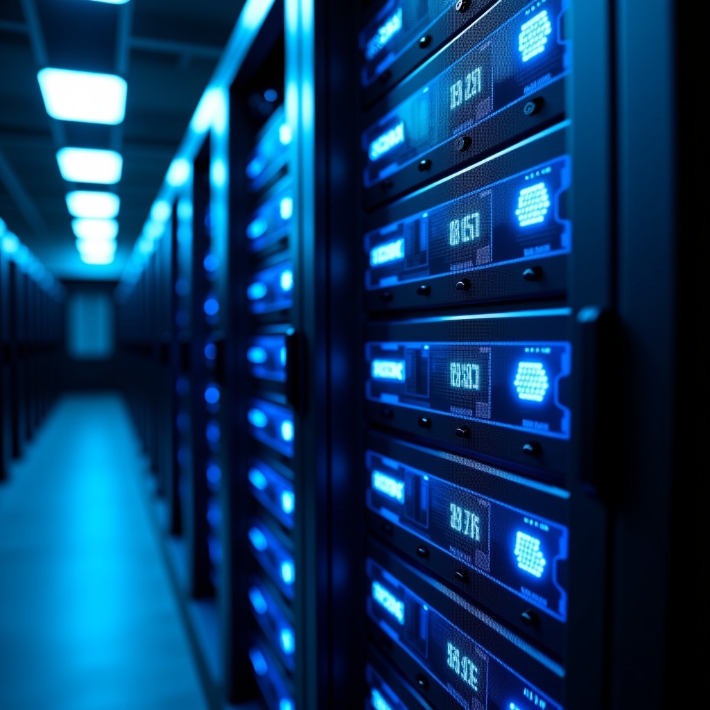 Advanced data center server racks with high-speed fiber optic cables glowing in blue, cinematic lighting, realistic photography, 4:3