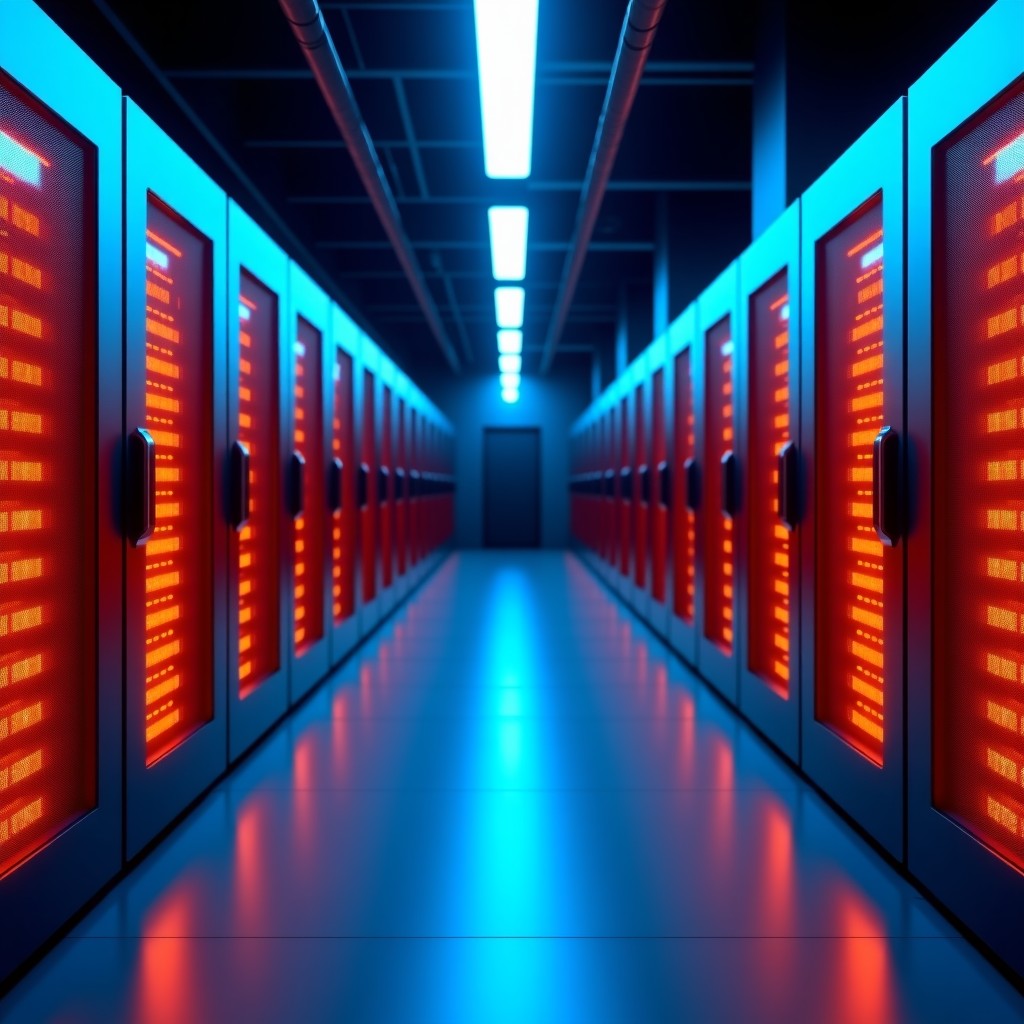 Interior of a modern high-security data center with rows of glowing server racks, blue and orange ambient light, professional photography style, 4:3