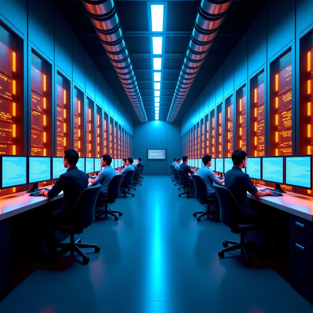 Inside a massive and modern data center in India, warm interior lighting, server racks stretching into the distance, professional researchers monitoring screens with complex code, high-tech atmosphere, 4:3