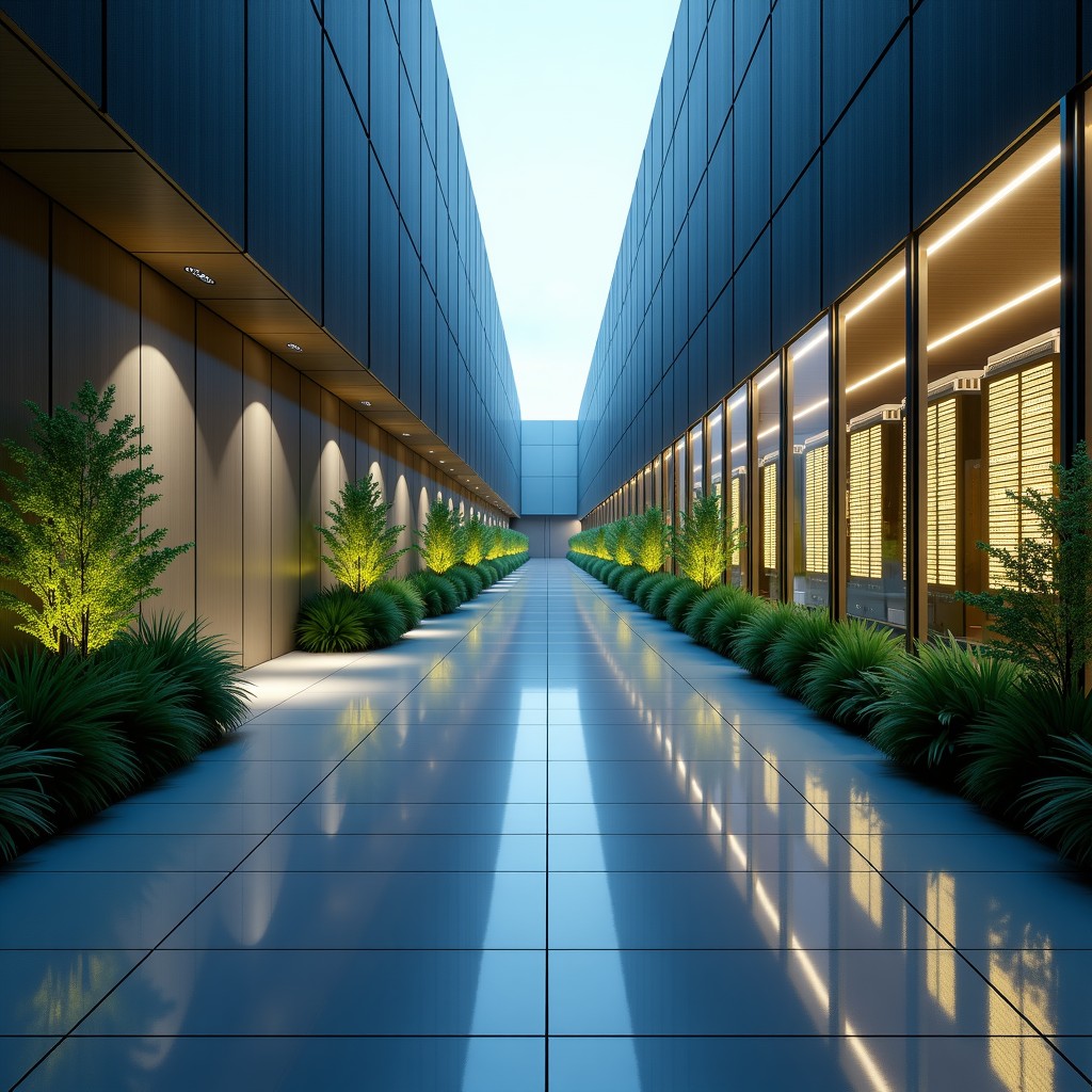 A sophisticated architectural rendering of a modern data center integrated with green spaces and futuristic design, glowing server racks visible through glass walls, 4:3