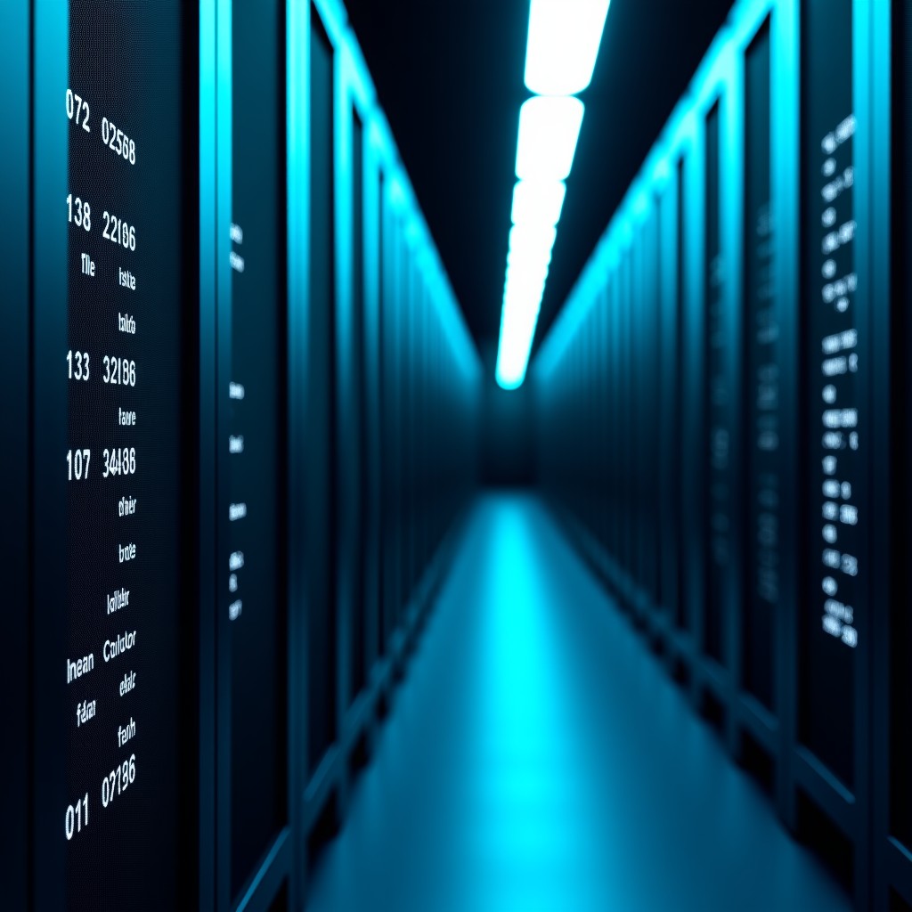 Close-up of a modern server room with glowing blue and green led lights. Rows of server racks stretching into the distance. High tech and sophisticated infrastructure atmosphere. 4:3