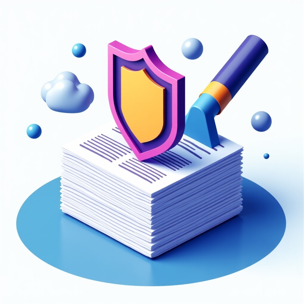 A high-tech infographic style image showing a shield protecting a stack of newspapers from a digital vacuum cleaner or scraper tool. Clean layout, vibrant colors, representing intellectual property protection. 4:3 aspect ratio.
