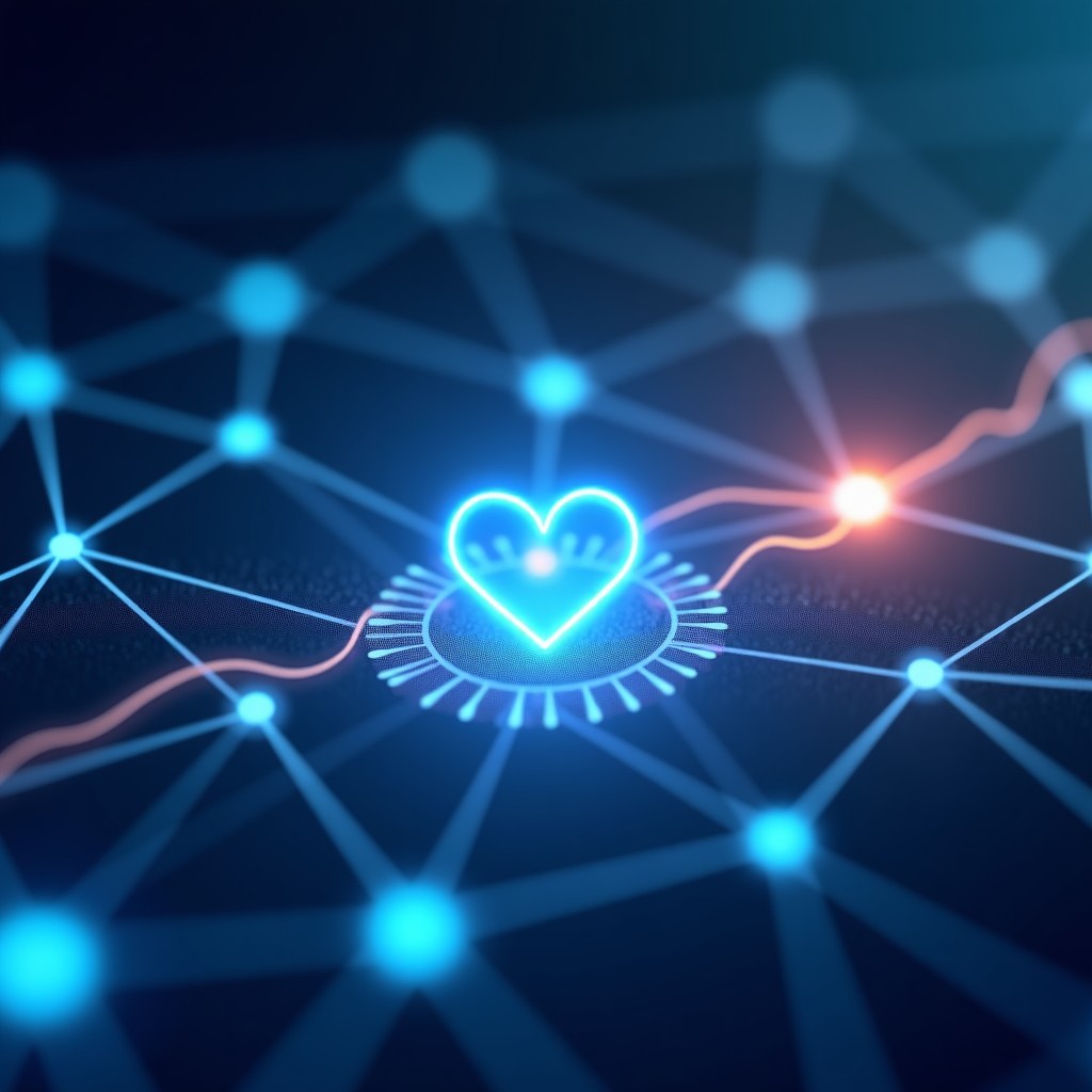 Concept art of family health data visualization with glowing soft blue lines and icons, representing connection and care, futuristic yet warm atmosphere, artistic rendering, 4:3