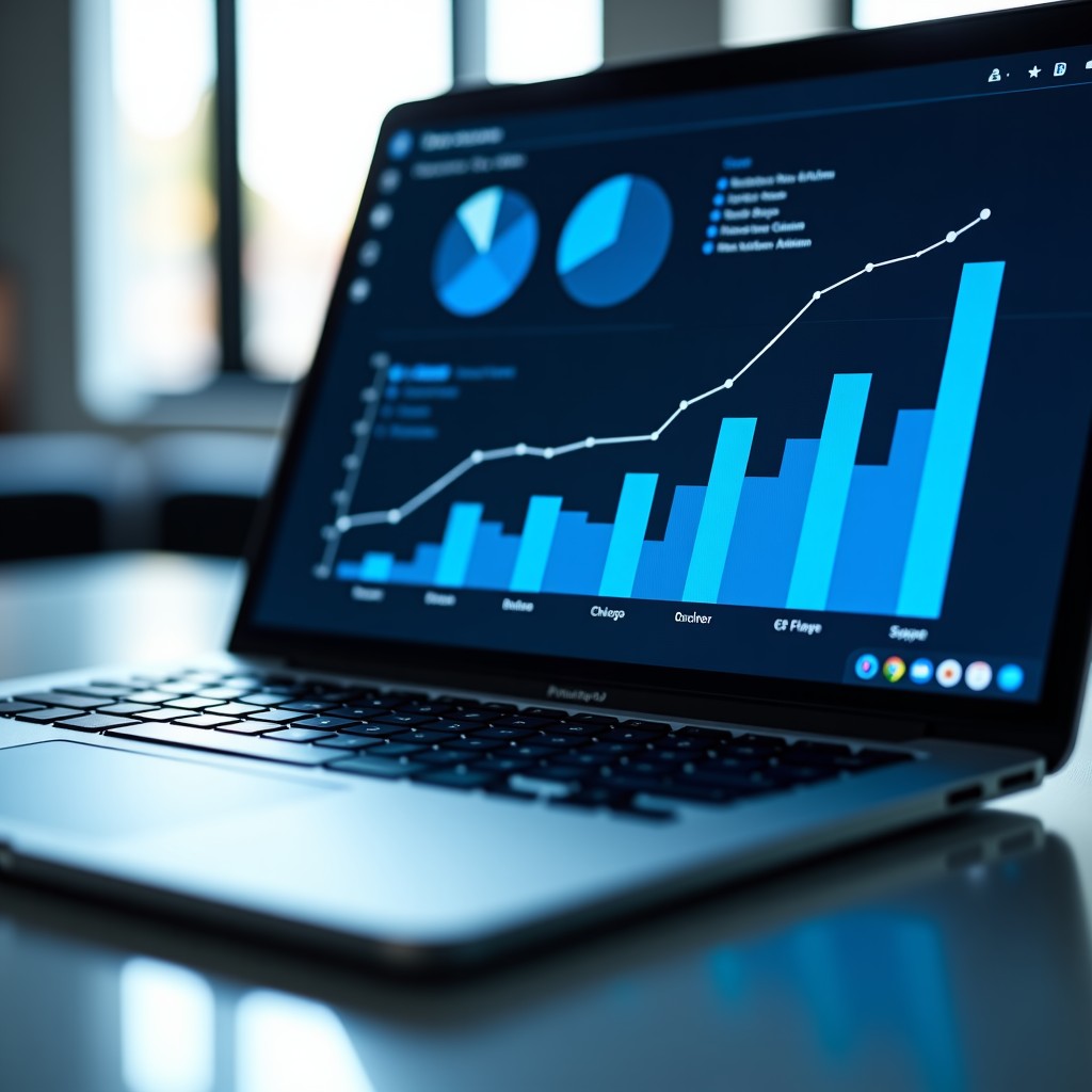 Detailed close up of a sleek laptop screen displaying complex blue data visualizations and charts. Modern office desk environment blurred background professional aesthetic. 4:3