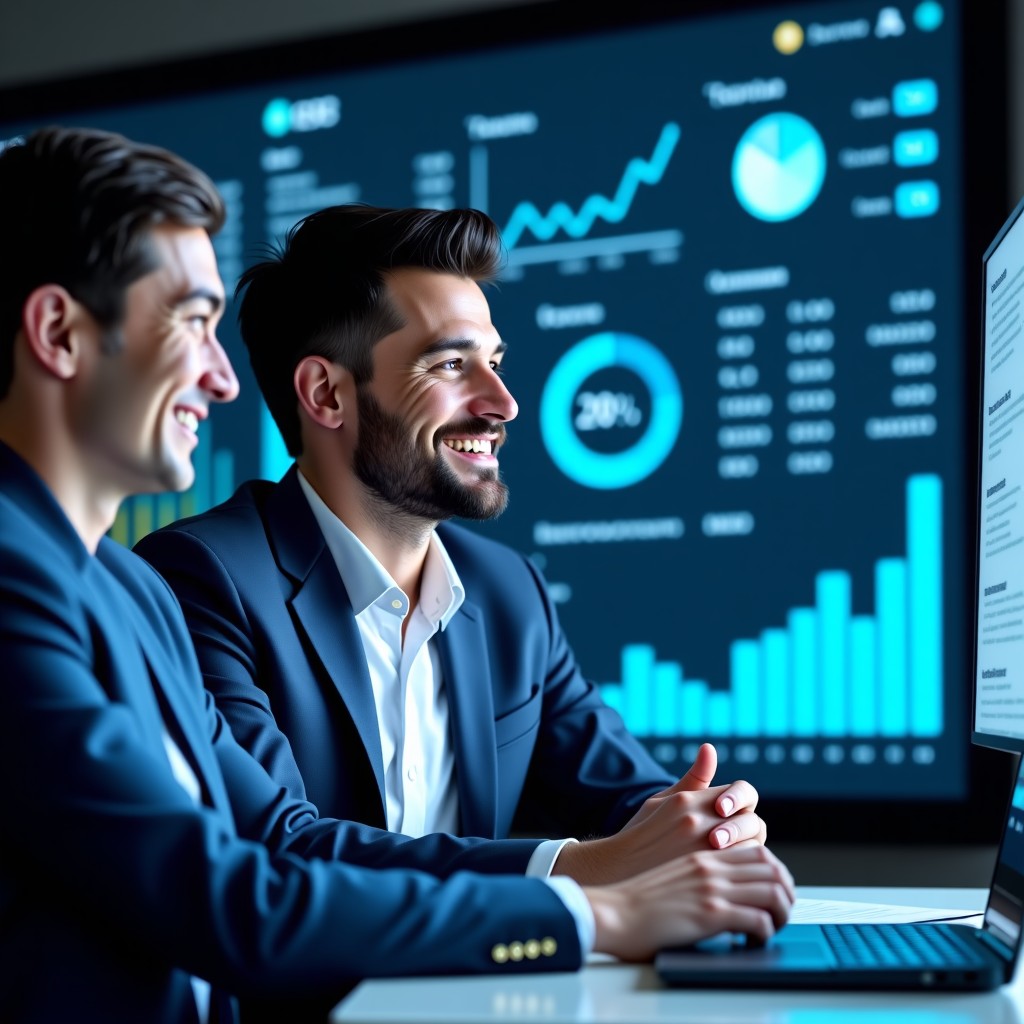 A detailed composition of a dashboard showing positive ROI and performance metrics of AI implementation. Business leaders looking at the screen with satisfied expressions. Bright and balanced lighting. 4:3