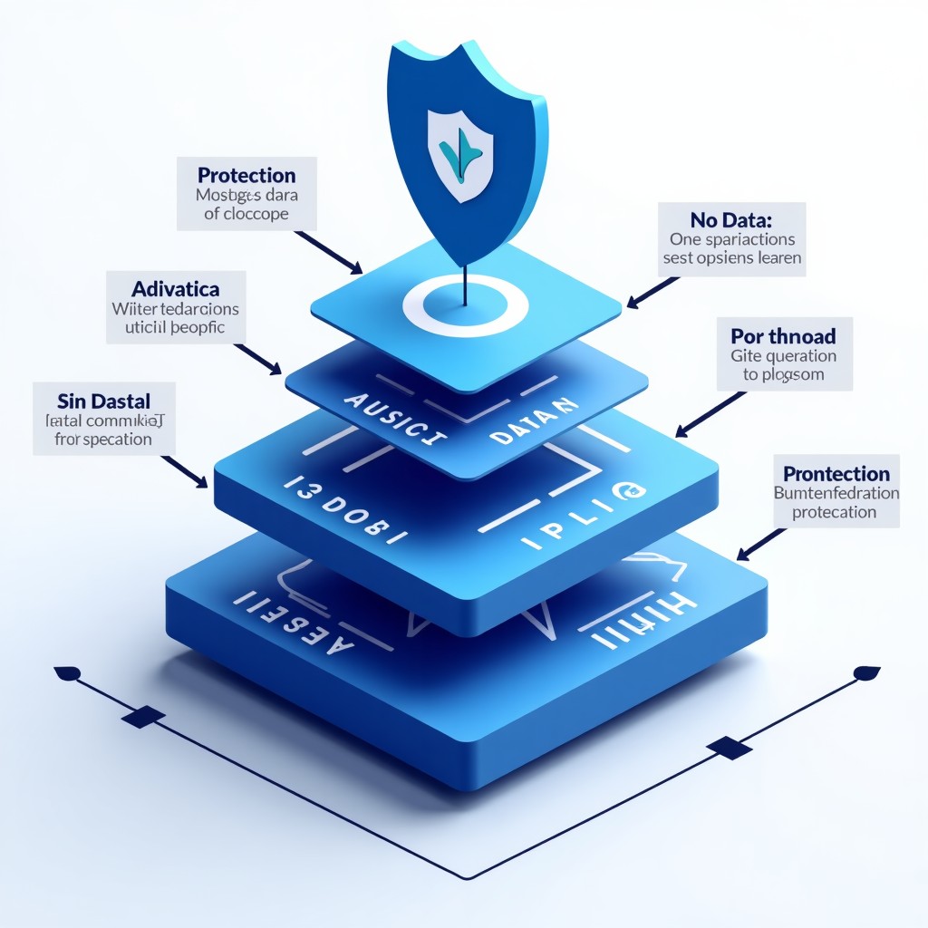 Modern infographic style showing layers of data protection, clean layout with high contrast, tech visualization, 1:1