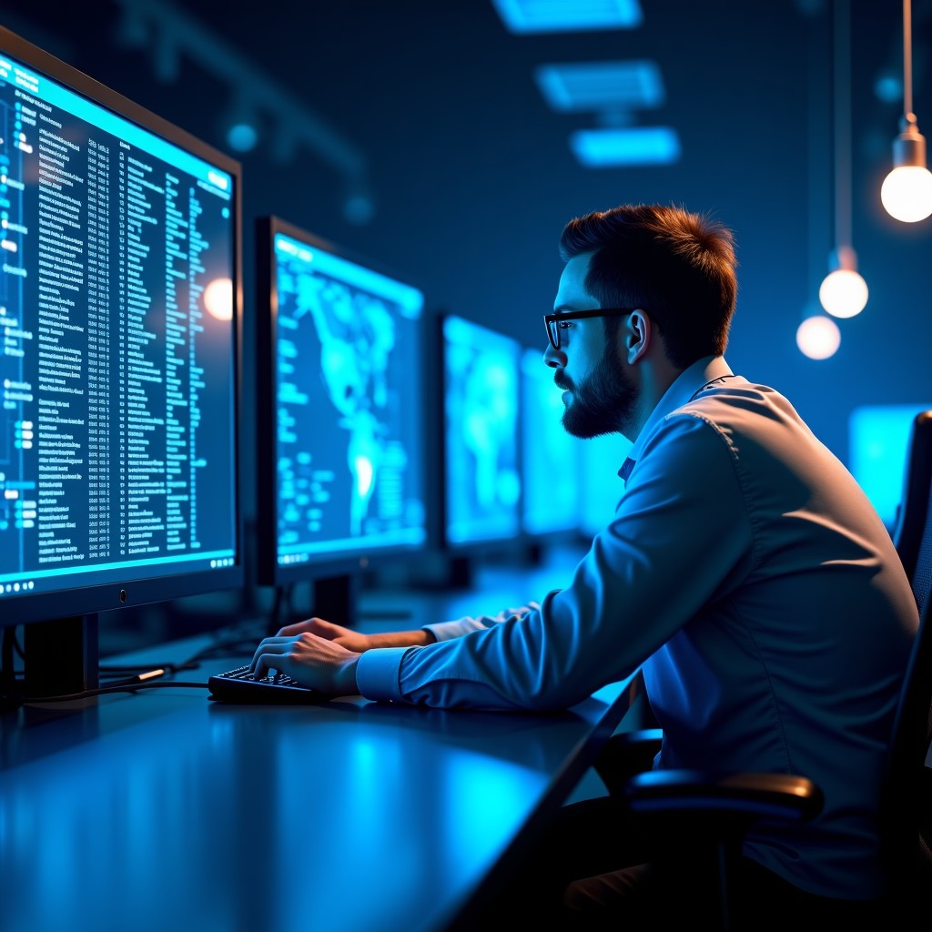 Professional data scientists working in a high-tech control room with glowing blue data streams and server racks. 4:3