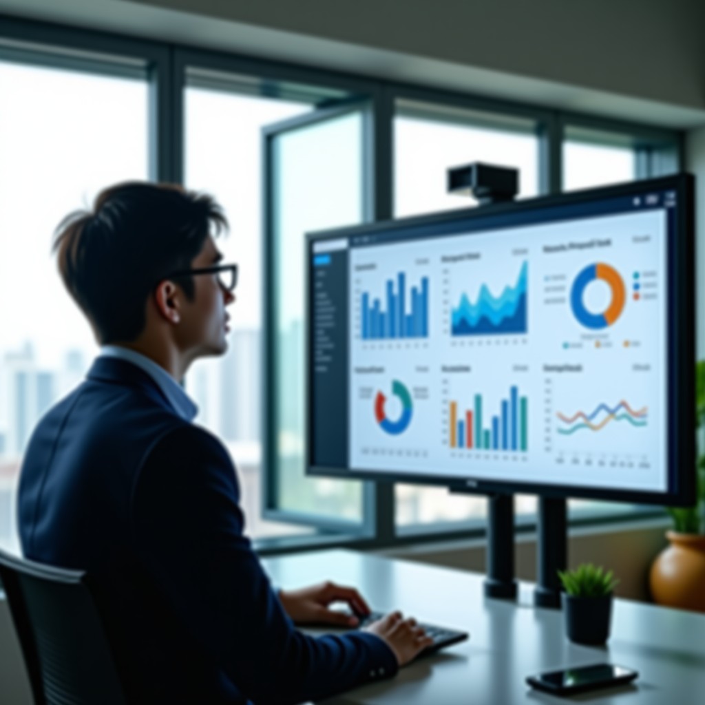 A professional South Korean male tech founder in a modern office looking at digital dashboard charts on a large screen. Natural daylight coming through a window. Realistic photography style. 4:3