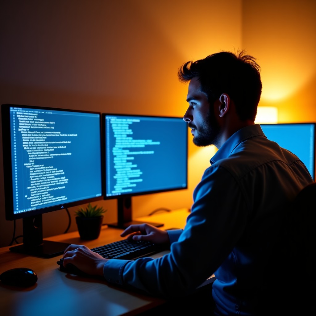 A professional developer focused on multiple monitors showing code and system performance graphs. Warm desk lamp lighting, cozy but professional office environment. 1:1