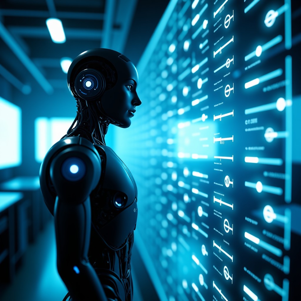 A robot silhouette focused on complex holographic data streams, cool blue and white lighting, sharp focus, cyberpunk laboratory environment, high-tech aesthetic, 4:3