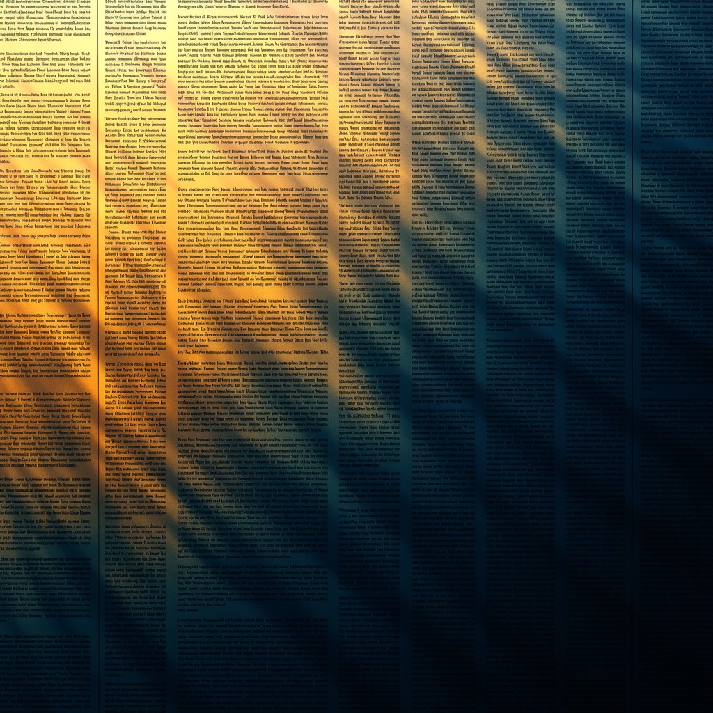 Abstract representation of digital data streams blending with newspaper textures, binary codes flowing through printed text, artistic and textured background, high contrast, golden and dark blue tones, 4:3
