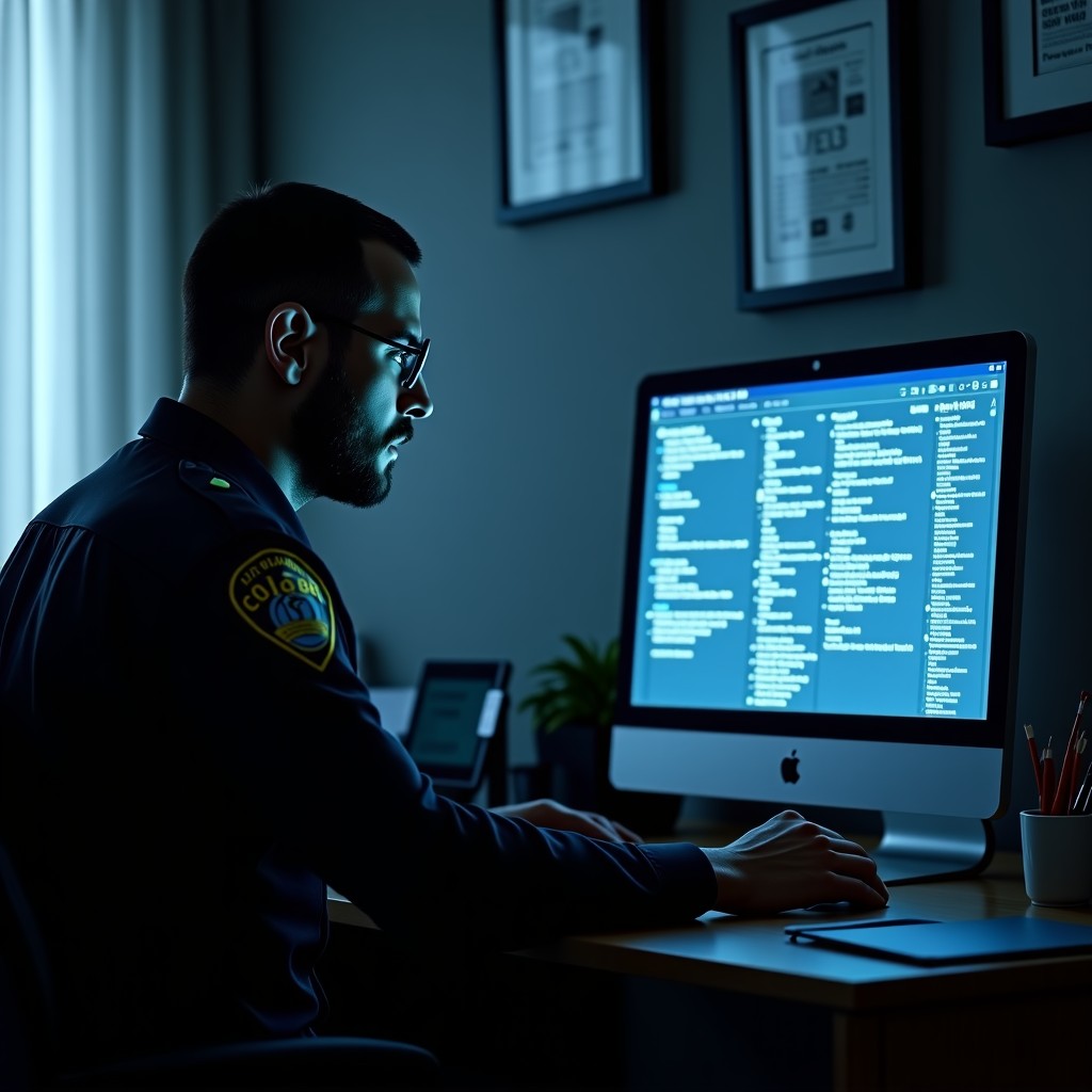 A stressed law enforcement officer in a dimly lit office looking at a computer screen filled with endless digital notification icons and data streams, cinematic lighting, realistic style, 4:3