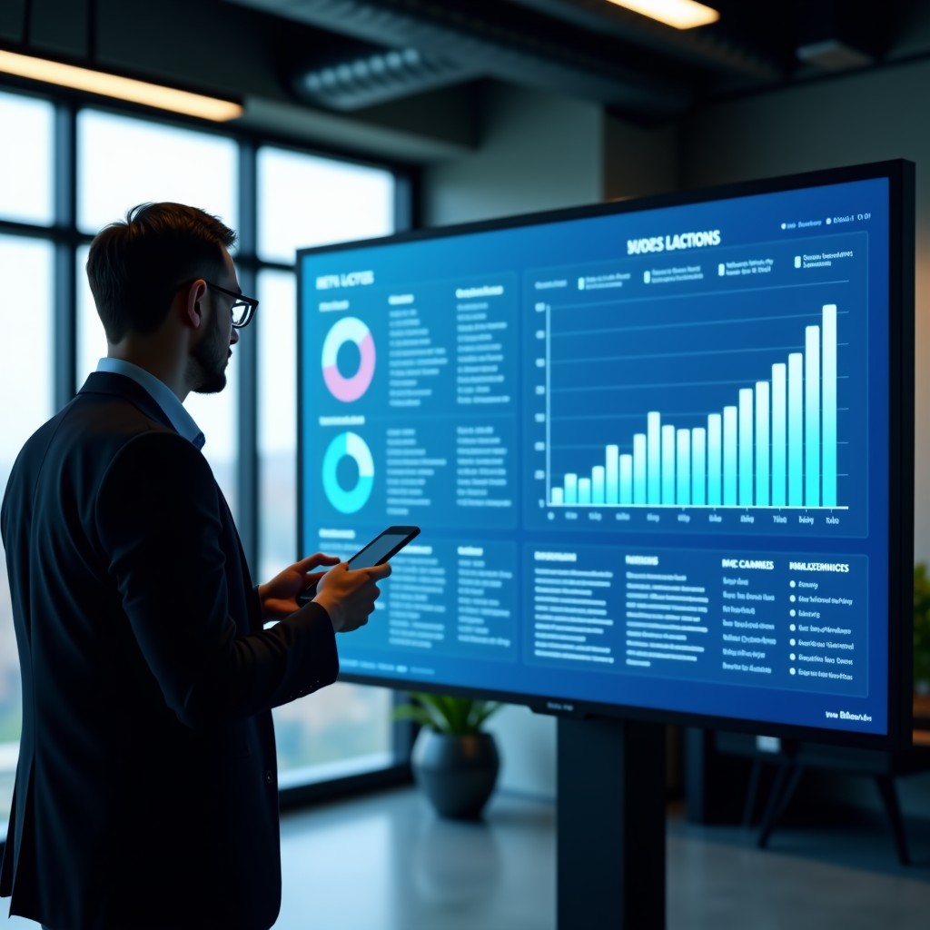 A professional digital strategist analyzing AI performance metrics on a large transparent screen, modern office background, 4:3