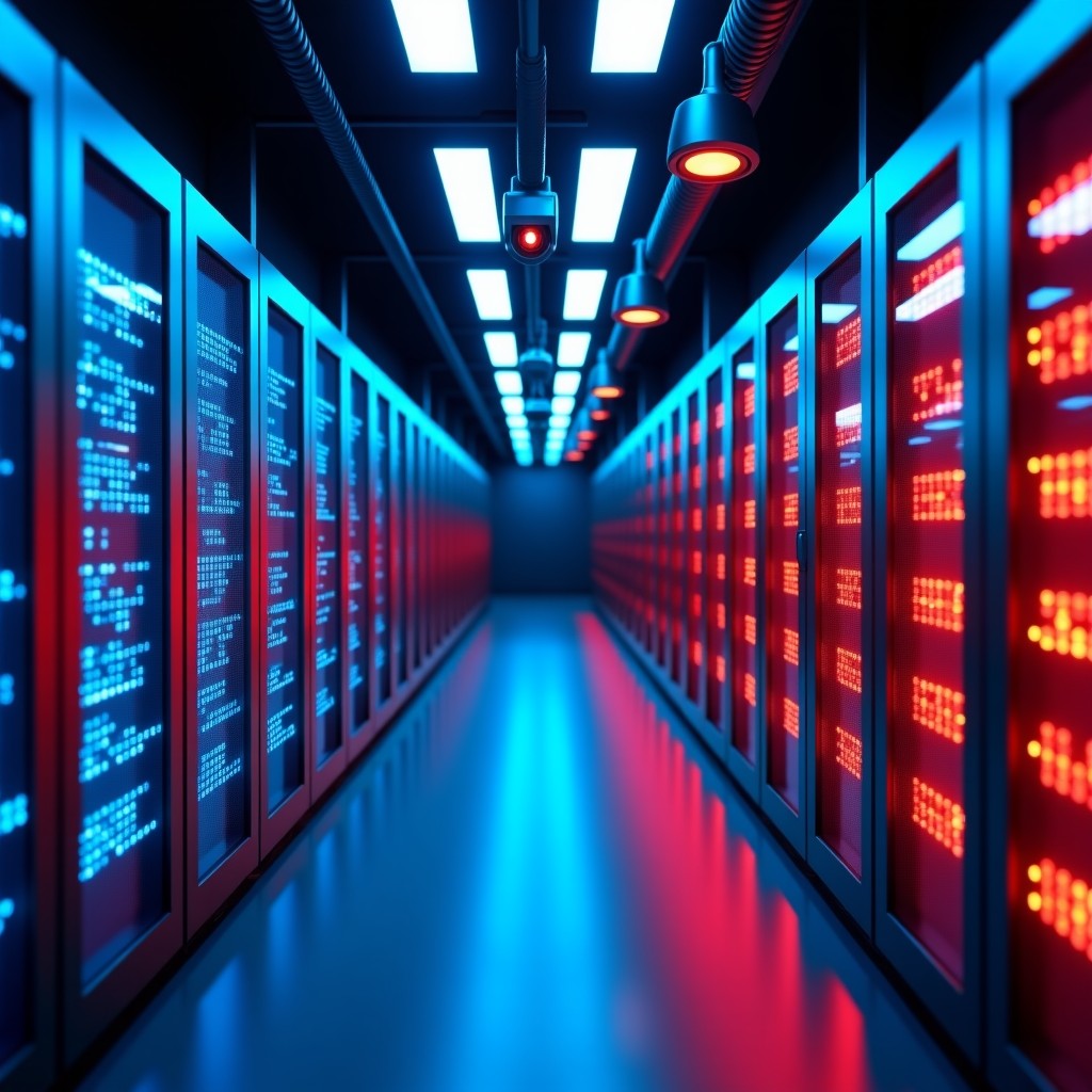 A modern server room with glowing blue and red fiber optic cables representing data flow, security cameras mounted on the ceiling with digital scanning lines, conceptualizing mass surveillance and data security, 1:1