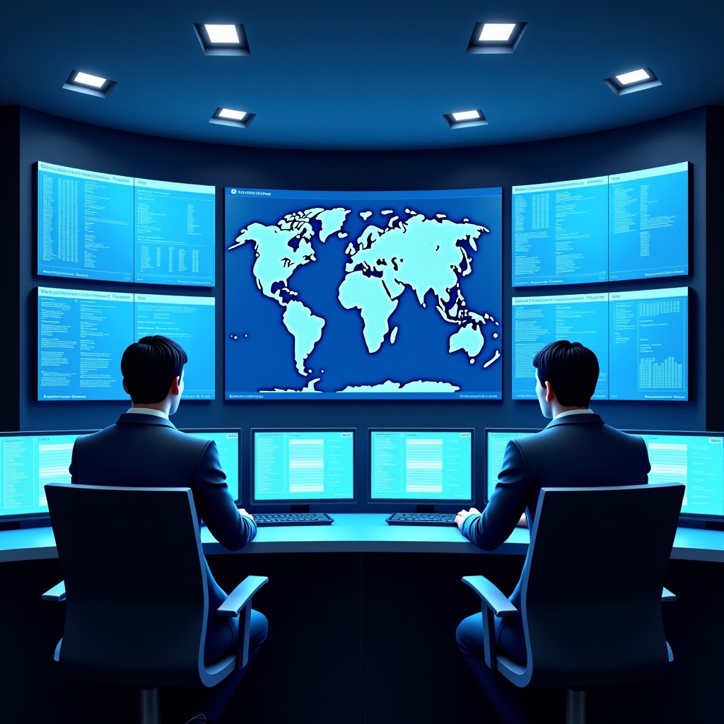 A clean high tech control center with multiple screens displaying global data streams and complex algorithms, professional blue and silver tones, no text, 4:3