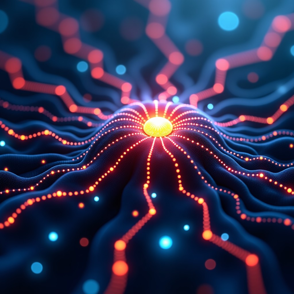 Detailed visualization of neural networks and data particles connecting to a central processing unit, vibrant colors with high contrast, futuristic and technological feel, 1:1