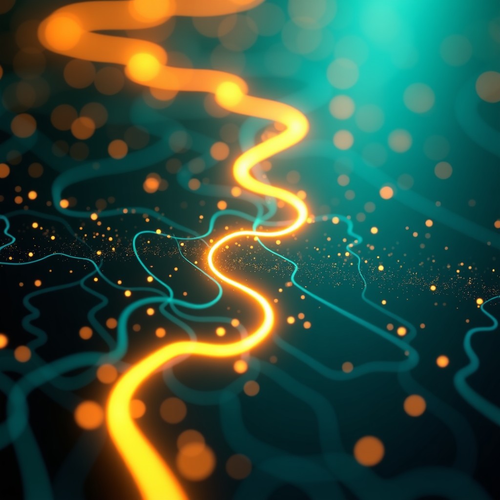 Abstract visualization of efficient data flow using golden and teal glowing geometric patterns 4:3