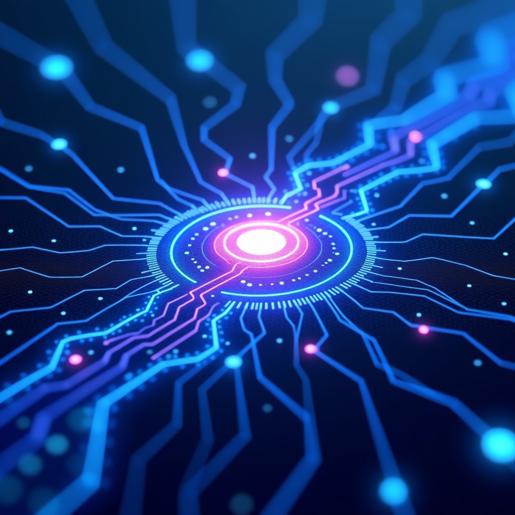 A conceptual illustration of digital data streams flowing into a central glowing core. Blue and purple color palette, representing the flow of information and video intelligence. Detailed composition, textured background. No text. 4:3